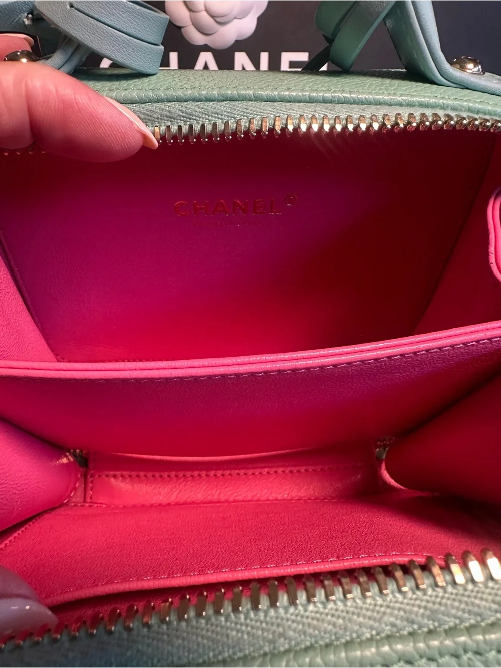 Chanel CC Filigree Small Vanity Case Pink Green Caviar Leather Crossbody